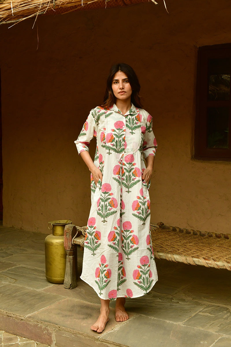 Big Marigold Shirtdress Maxi - White