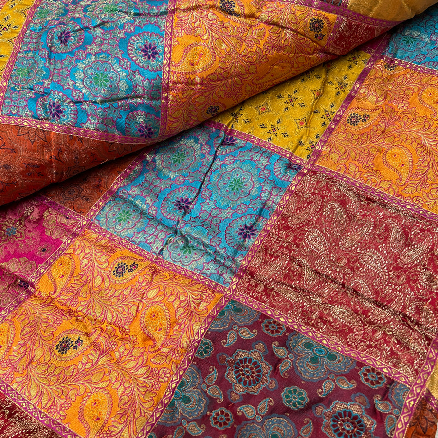 Indian Velvet & Brocade Patchwork Quilt - Double, Orange