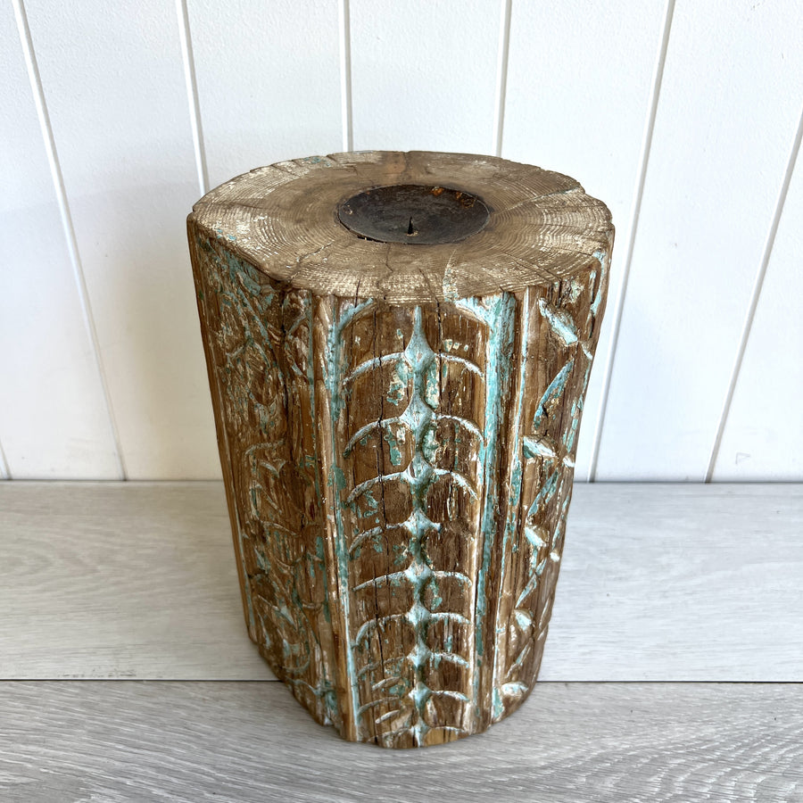 Vintage Wooden Pillar Base - Candle Holder - Blue