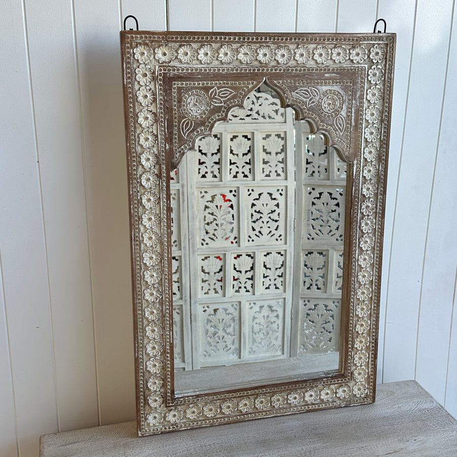 Indian Mehrab Carved Mirror - White Wash