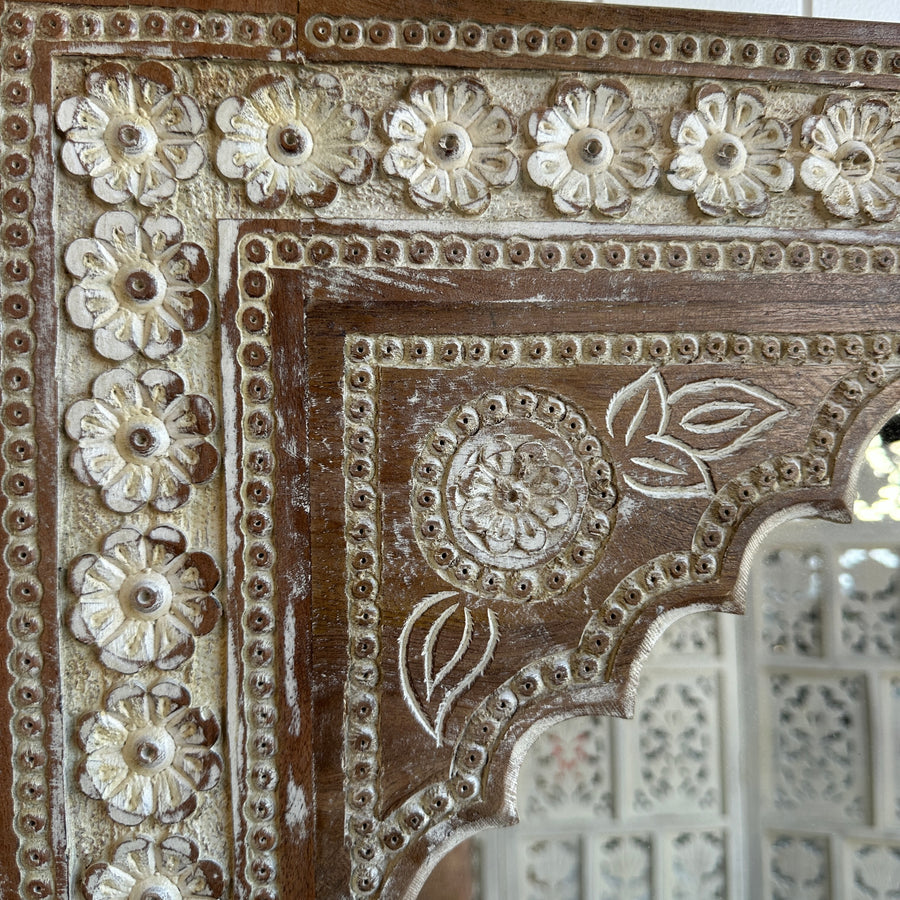 Indian Mehrab Carved Mirror - White Wash