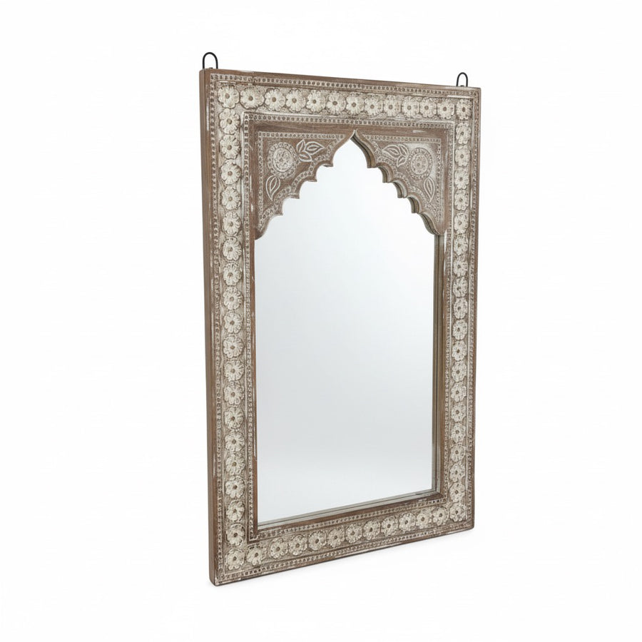 Indian Mehrab Carved Mirror - White Wash