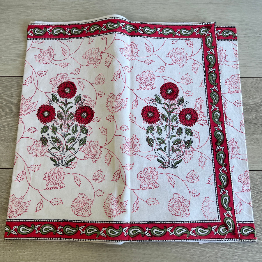 Block Printed Table Runner - Red Flower