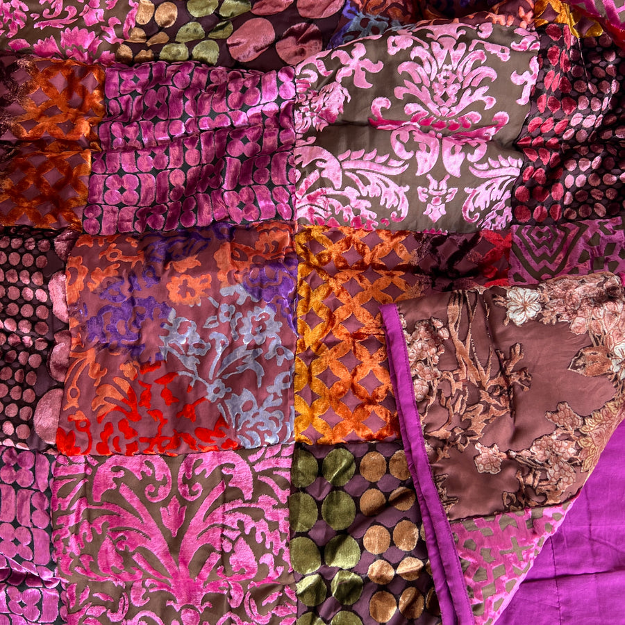 Indian Patchwork Velvet Quilt - King, Magenta Pinks
