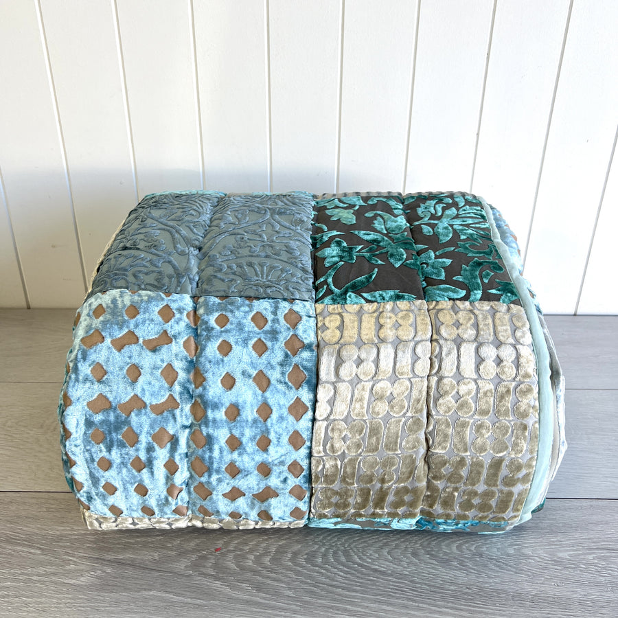 Indian Patchwork Velvet Quilt - King, Light Blue