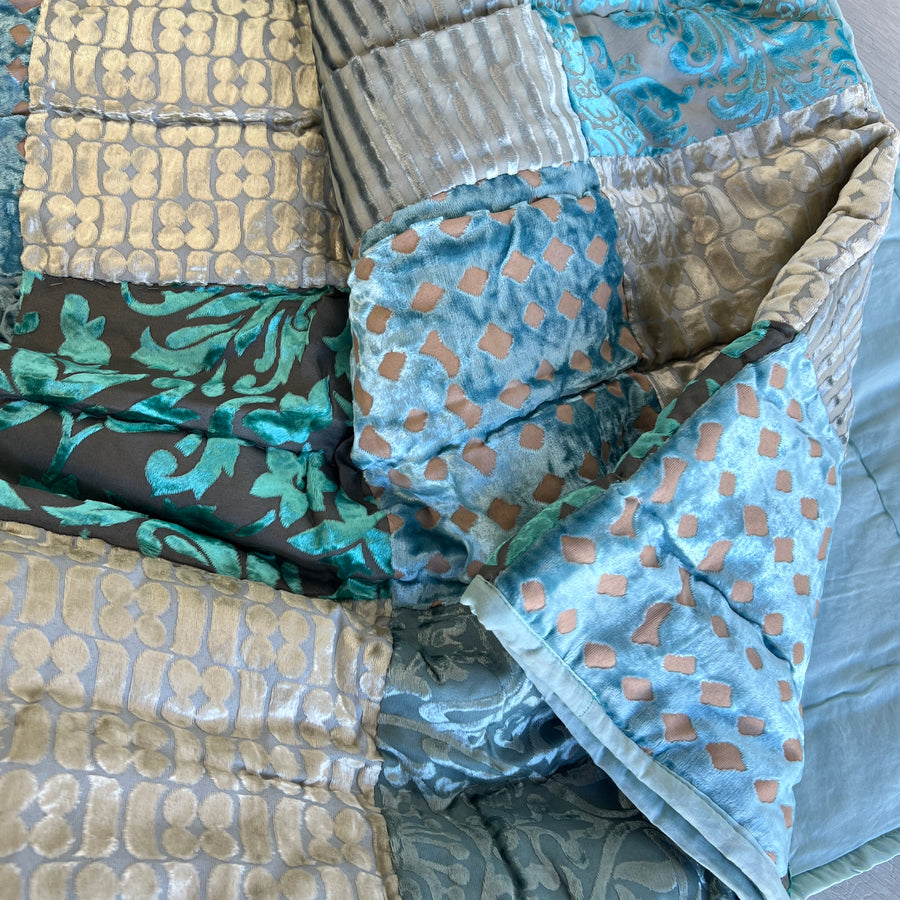 Indian Patchwork Velvet Quilt - King, Light Blue