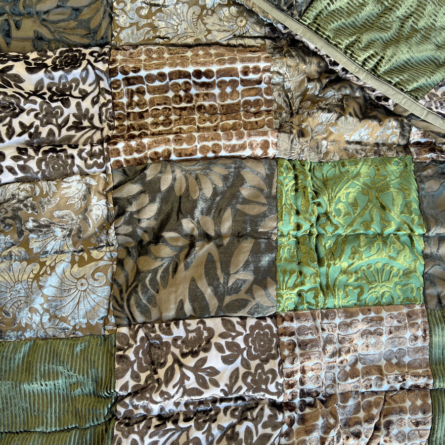 Indian Patchwork Velvet Quilt - Queen, Brown Green