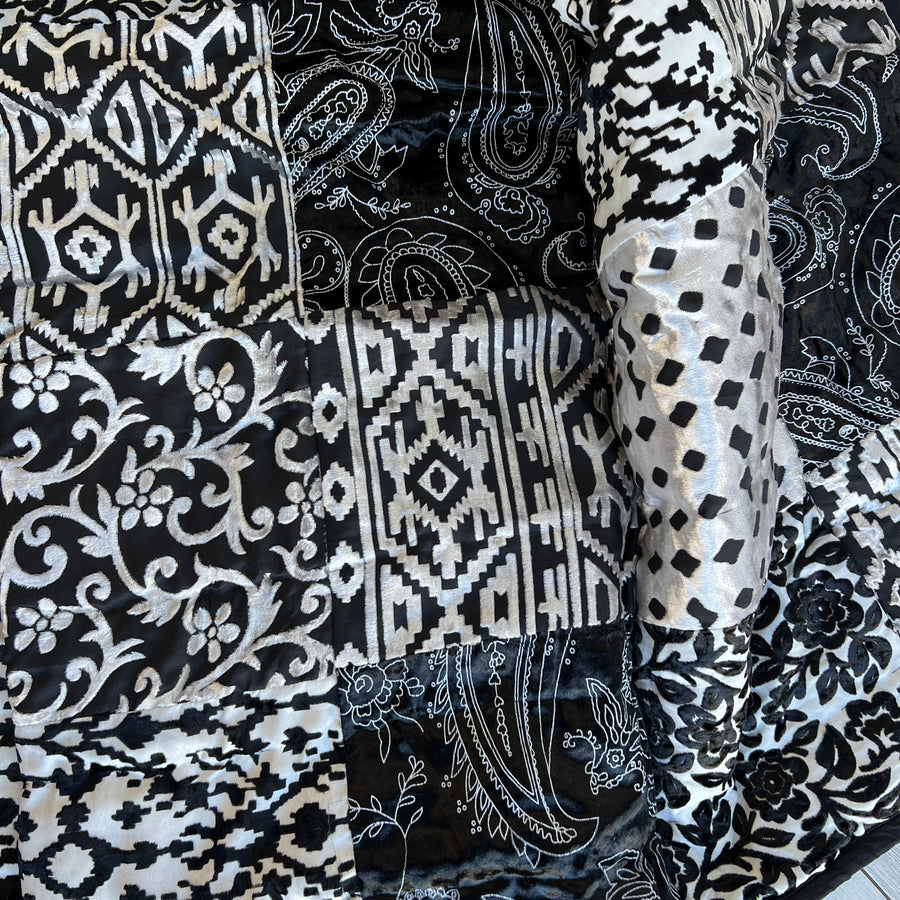 Indian Patchwork Velvet Quilt - King, Black/Silver