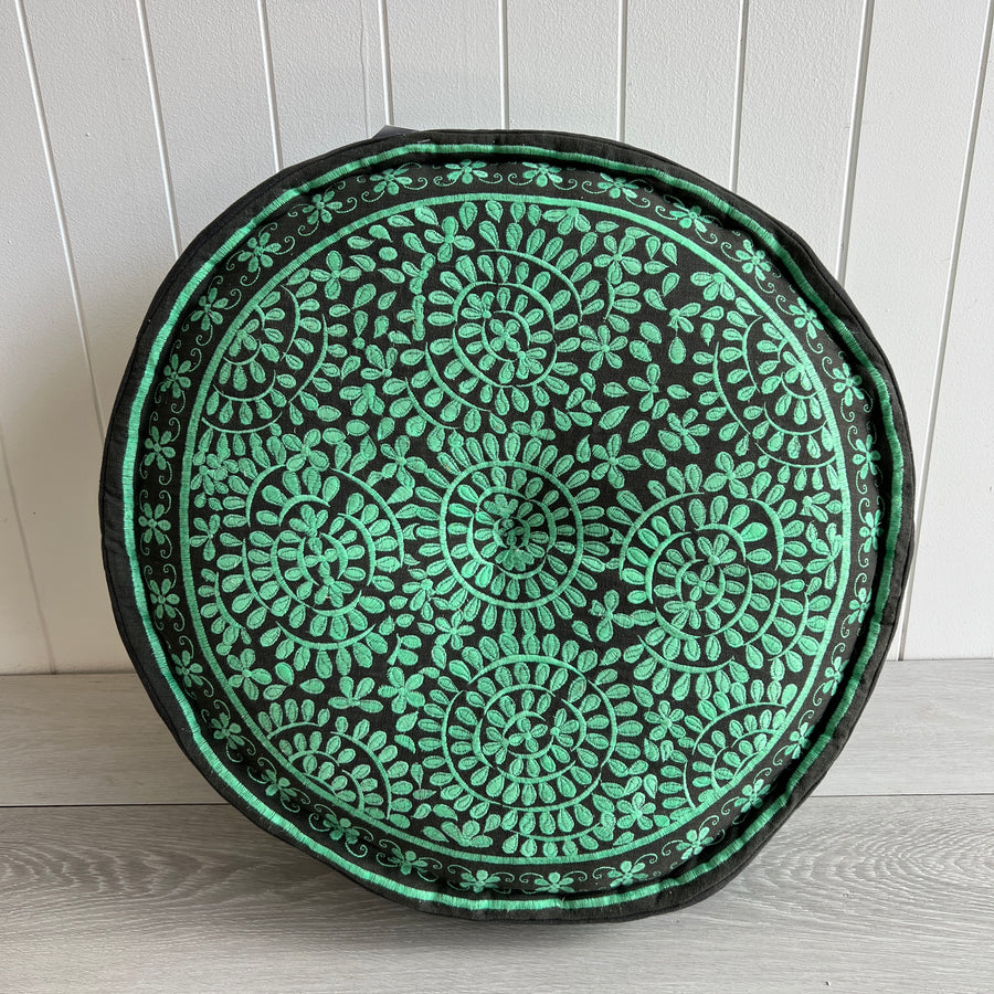 Embroidered Ottoman - Dark Grey and Green