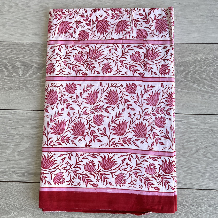 Block Printed Tablecloth - 220 x 270cm, Pink & White