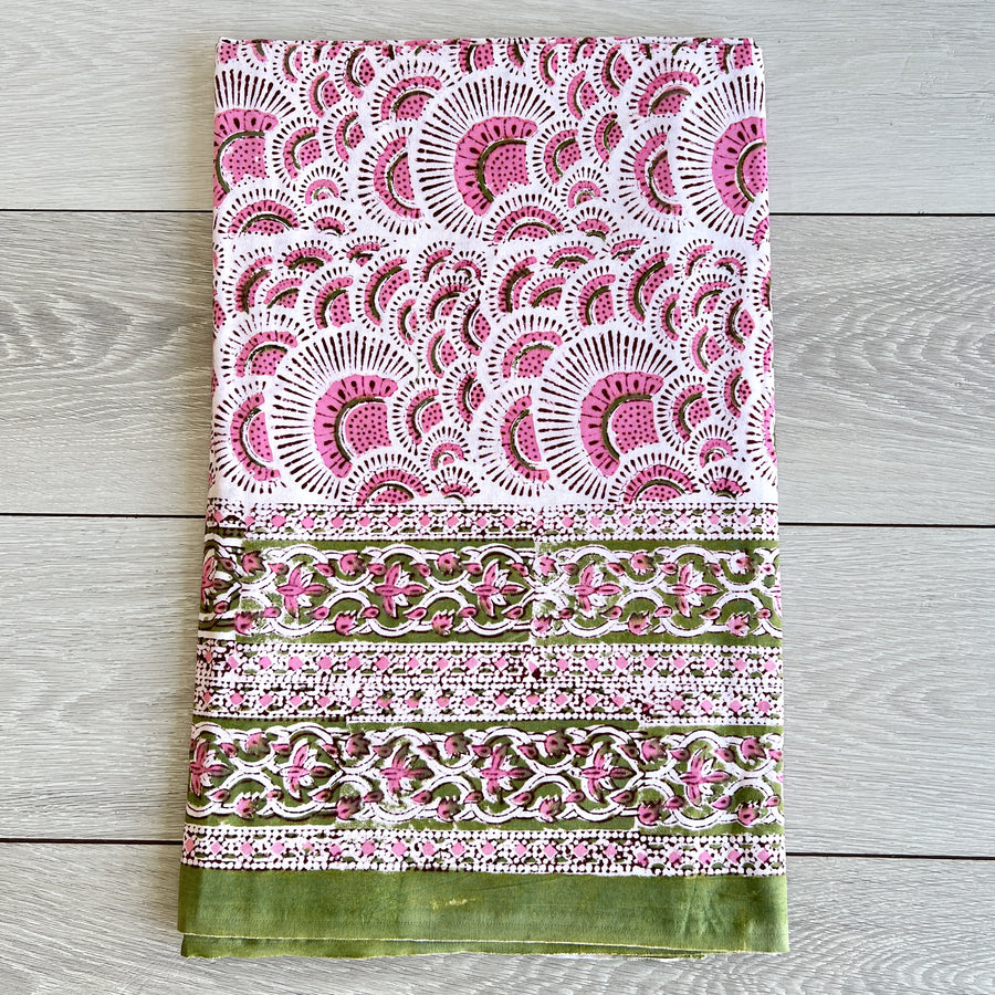 Block Printed Tablecloth - 220 x 270cm, Pink & Green fan