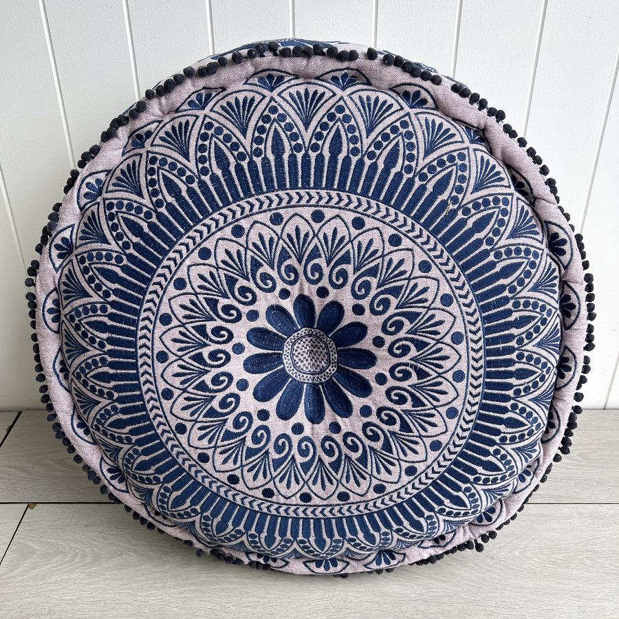 Embroidered Ottoman - Indigo Flower