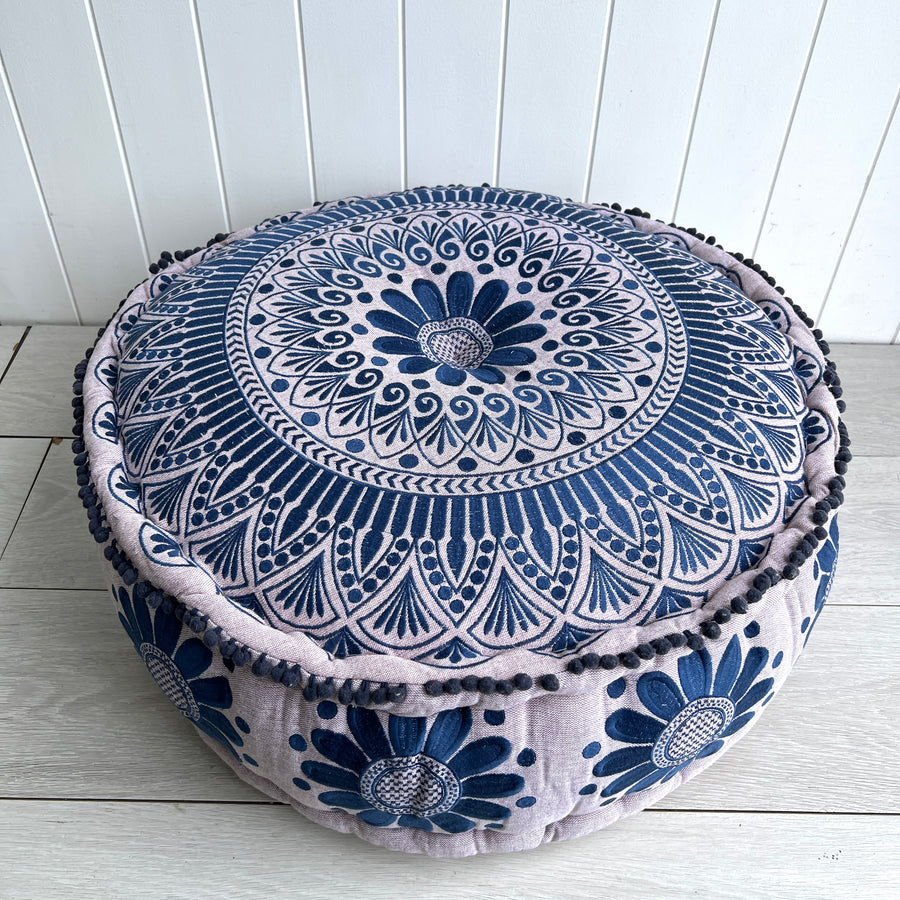 Embroidered Ottoman - Indigo Flower