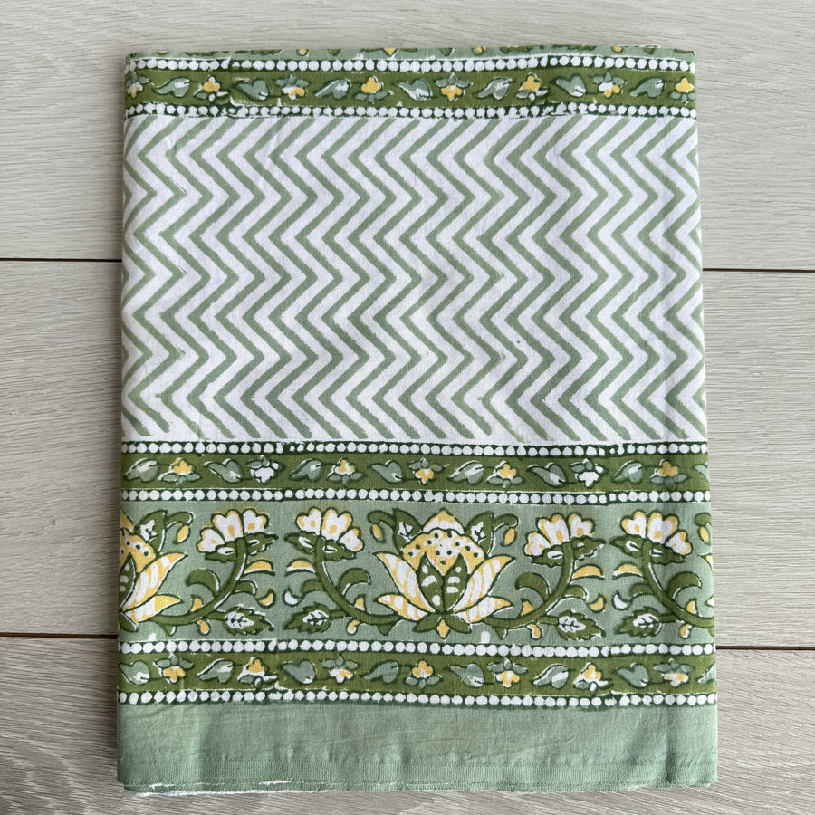 Block Printed Tablecloth - 150 x 220cm, yellow & green flower