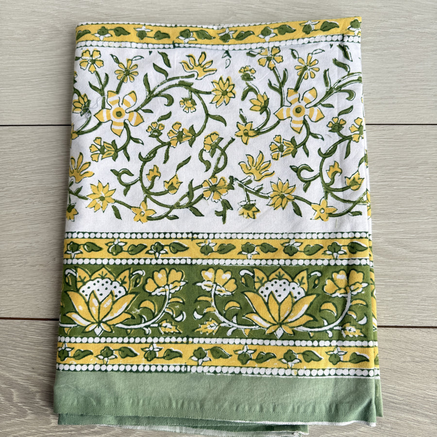 Block Printed Tablecloth - 150 x 220cm, yellow & green