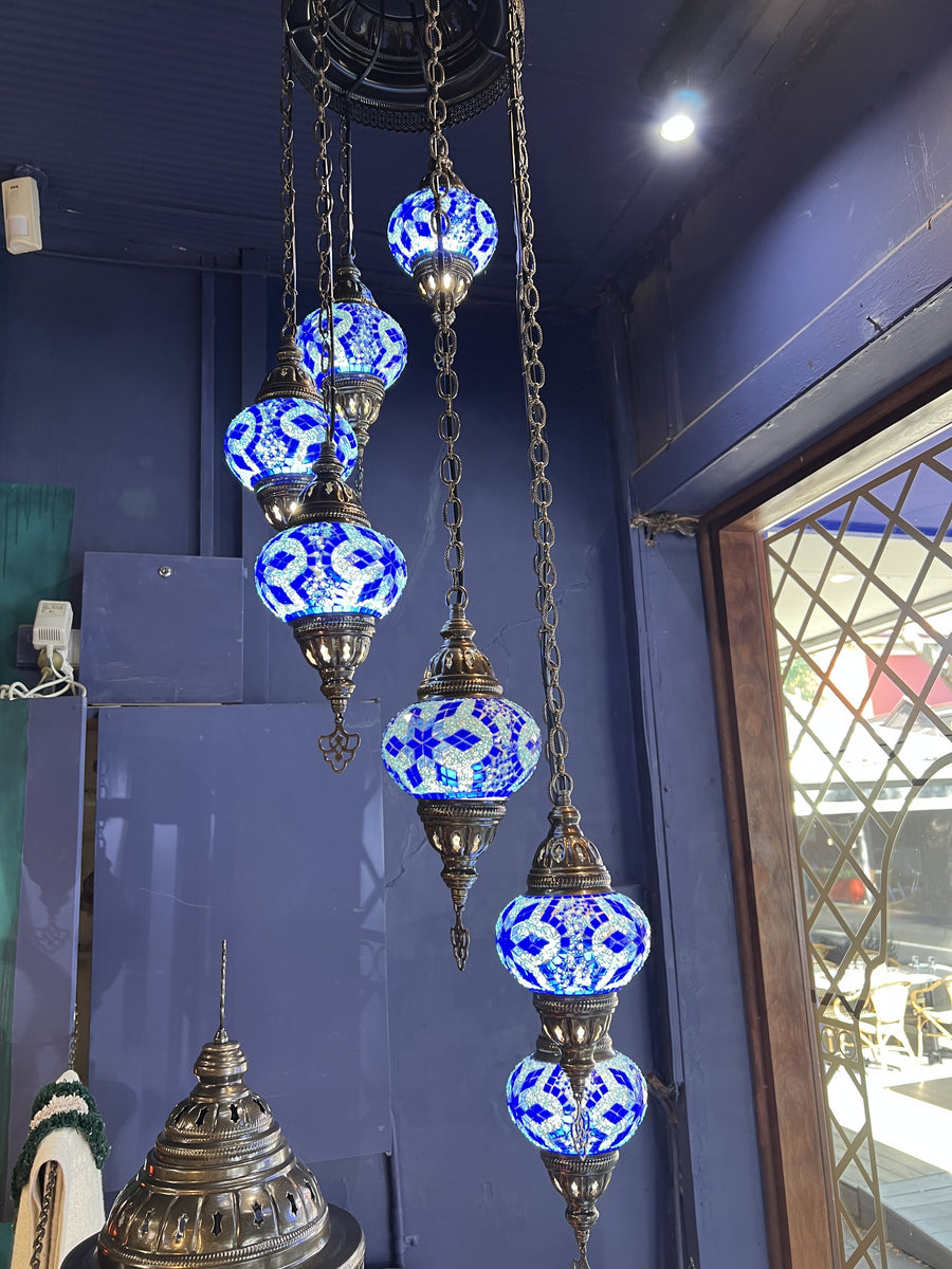 Turkish Ceiling Chandelier - 7 Spiral, Blue Star