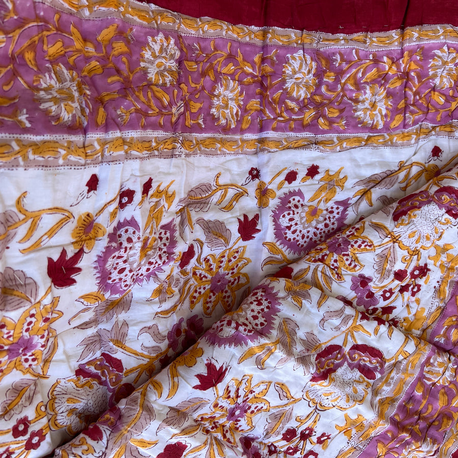 Indian Block Printed Cotton Quilt - Magenta & Musk