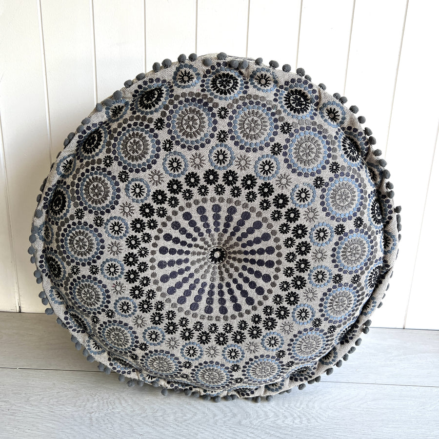 Embroidered Ottoman - Blue & Grey