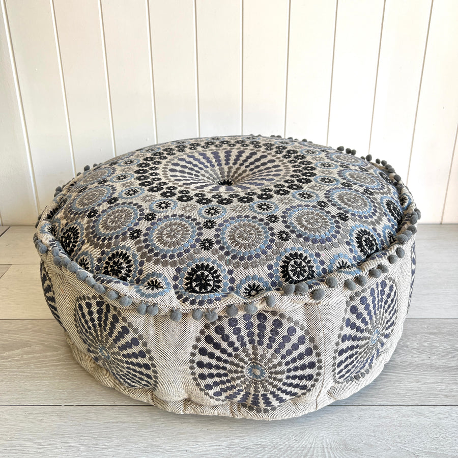 Embroidered Ottoman - Blue & Grey