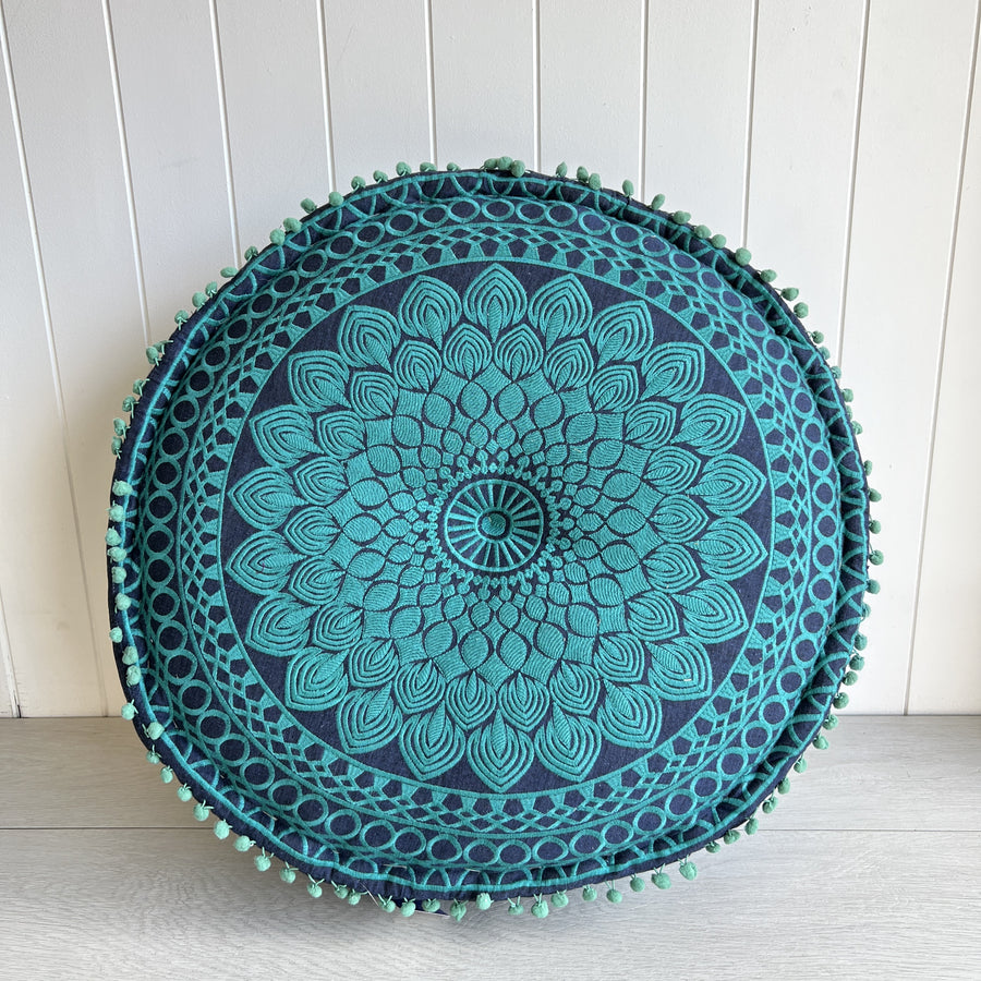 Embroidered Ottoman - Denim Blue & Teal