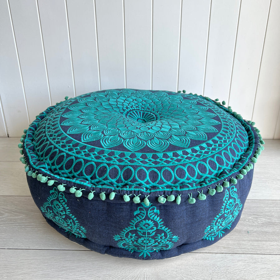 Embroidered Ottoman - Denim Blue & Teal