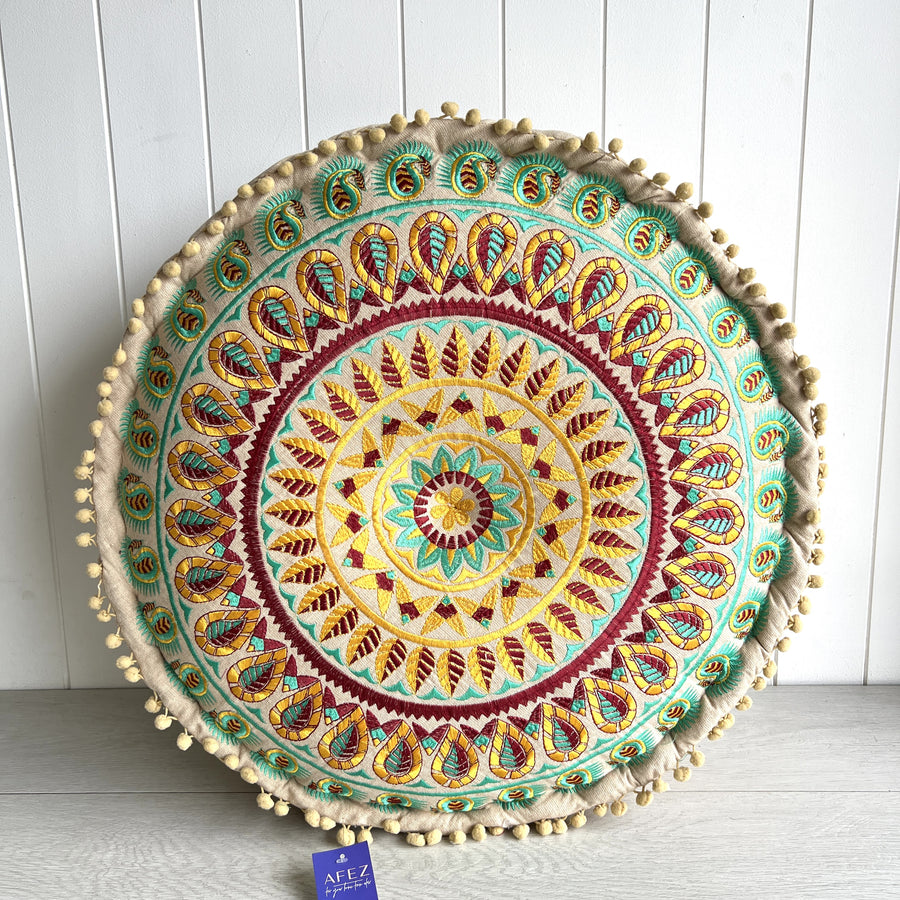 Embroidered Ottoman - Yellow & Turquoise