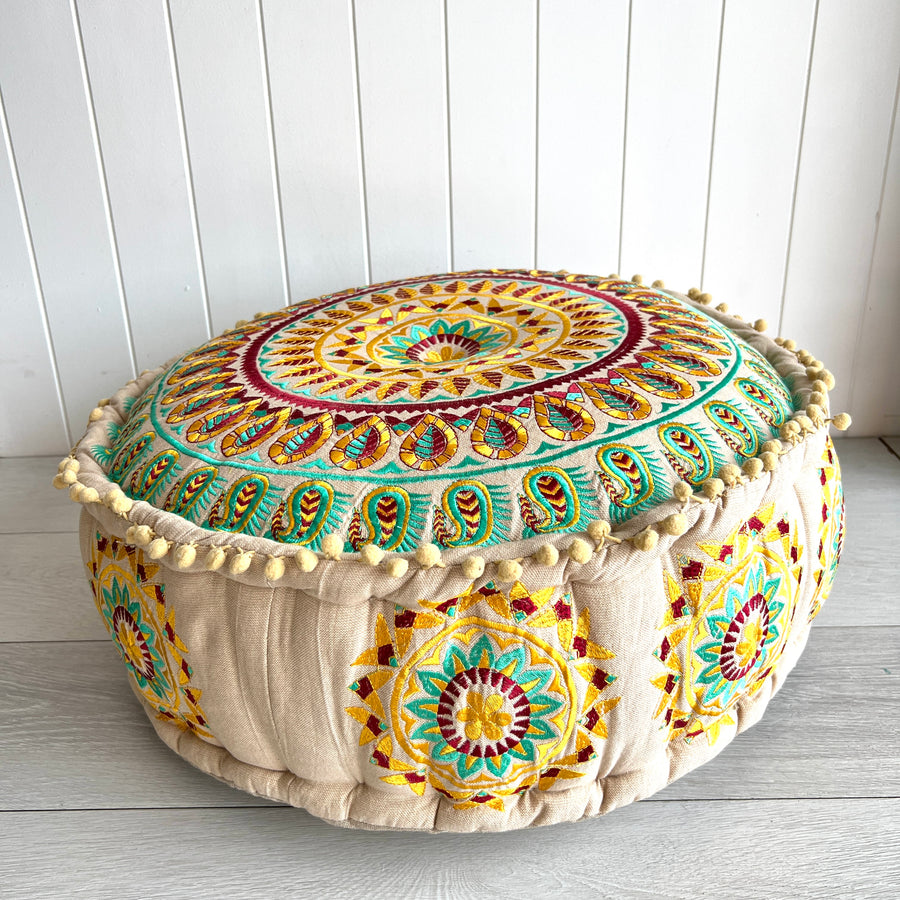 Embroidered Ottoman - Yellow & Turquoise