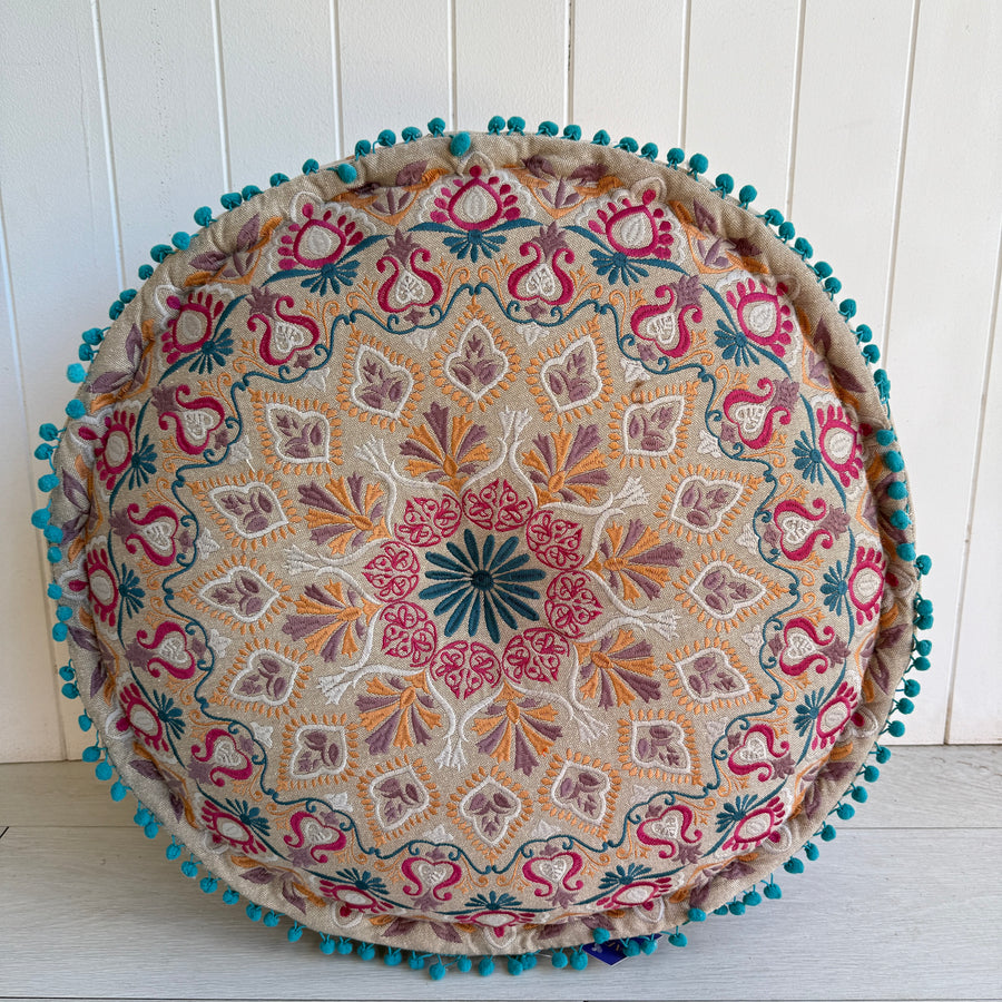 Embroidered Ottoman - Blue & Pink