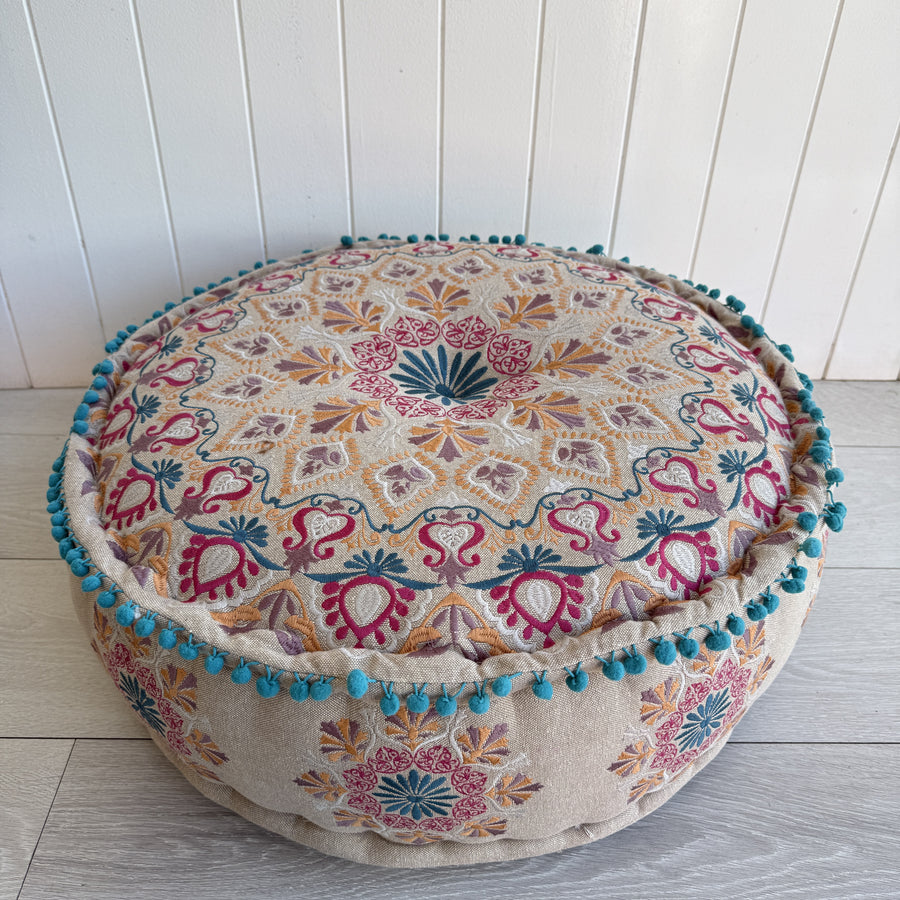Embroidered Ottoman - Blue & Pink