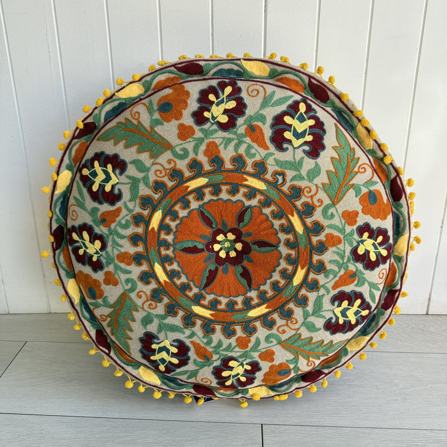 Embroidered Ottoman - Orange & Teal Flower