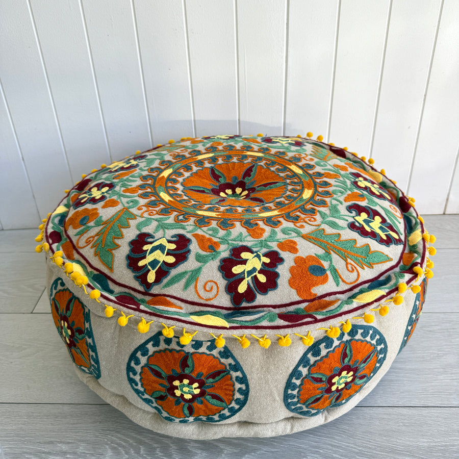 Embroidered Ottoman - Orange & Teal Flower