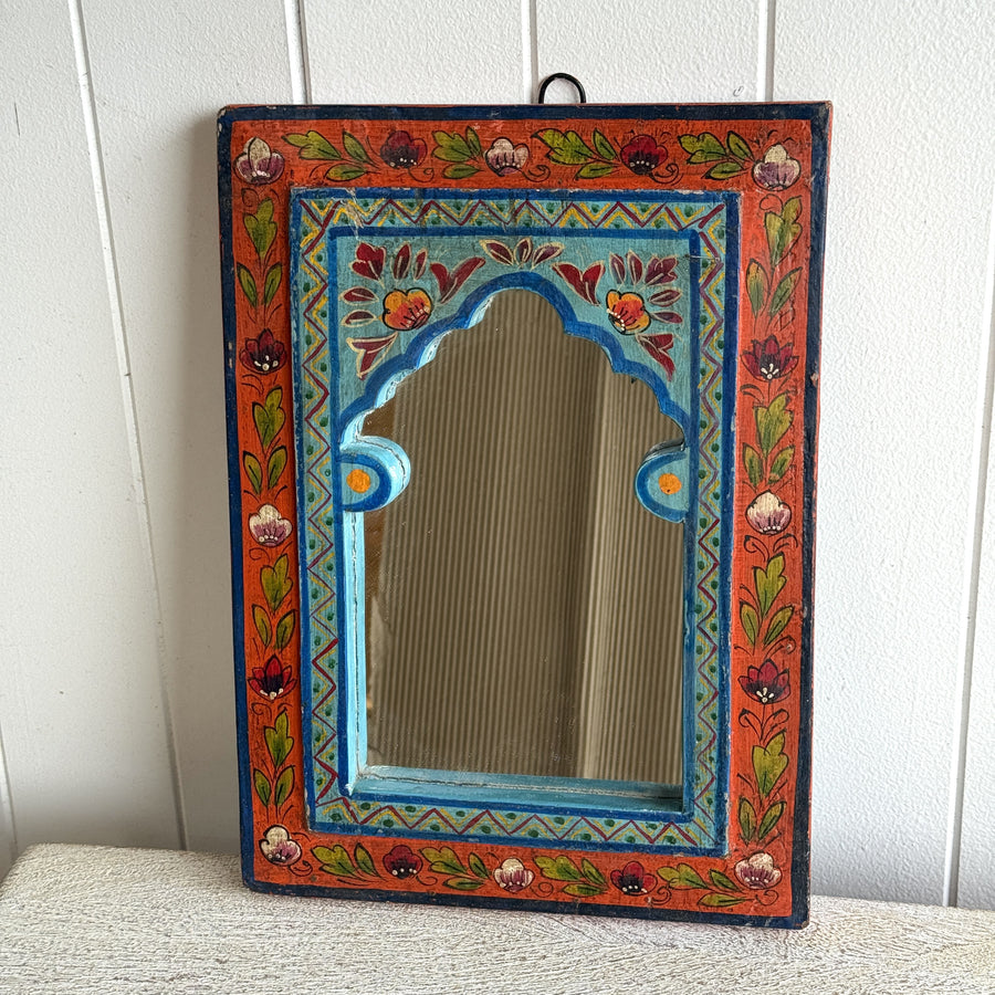 Handpainted Indian Mirror - Orange Floral