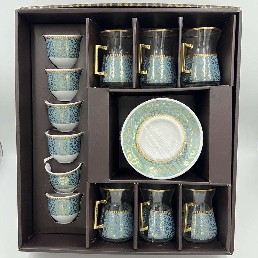 Turkish Tea Glass and Coffee Set - Light Blue Arabesque