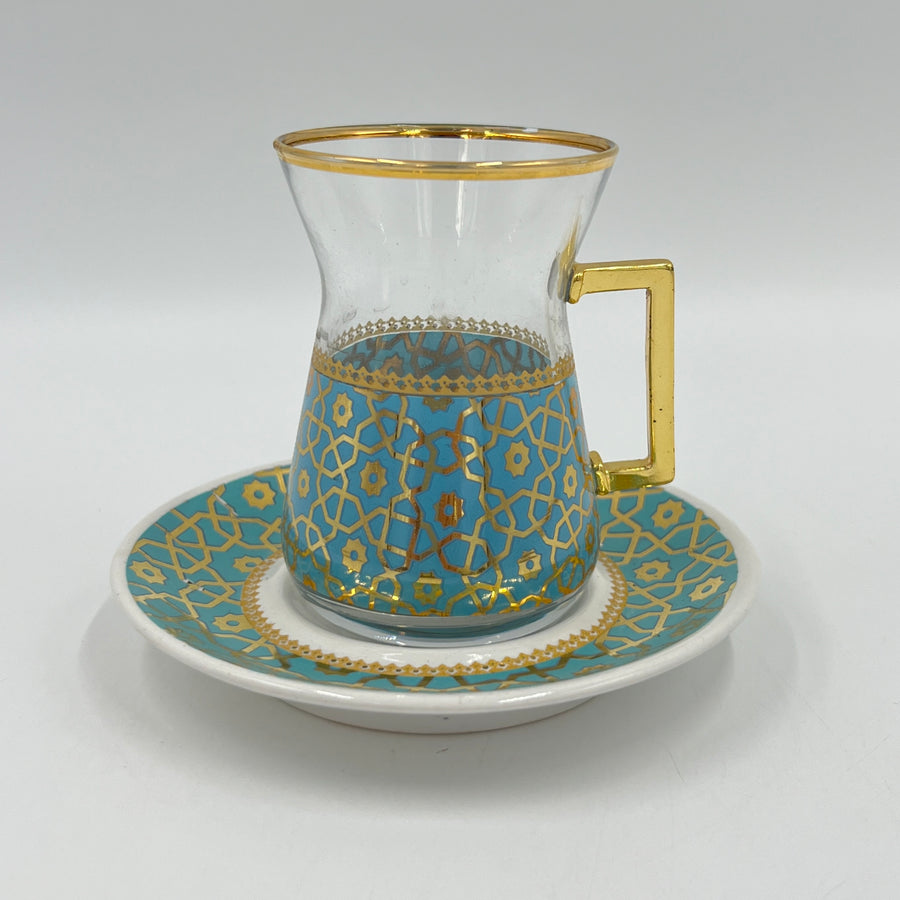 Turkish Tea Glass and Coffee Set - Light Blue Arabesque