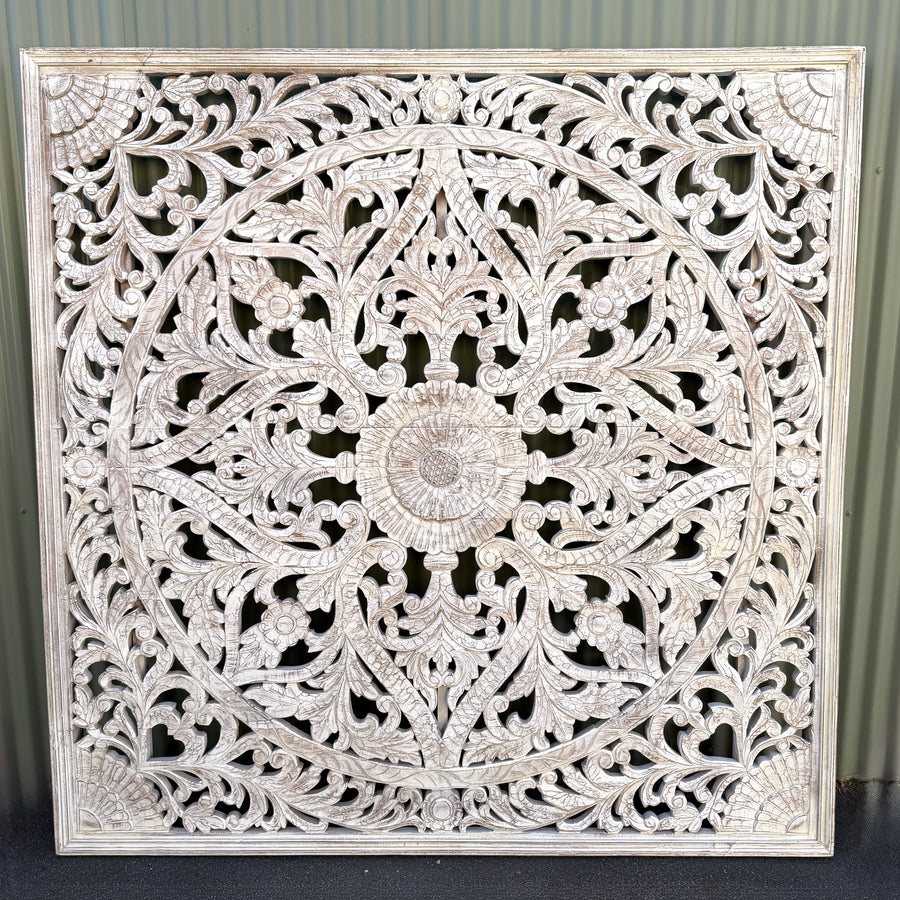 Large Indian Jali Carved Screen - White Wash