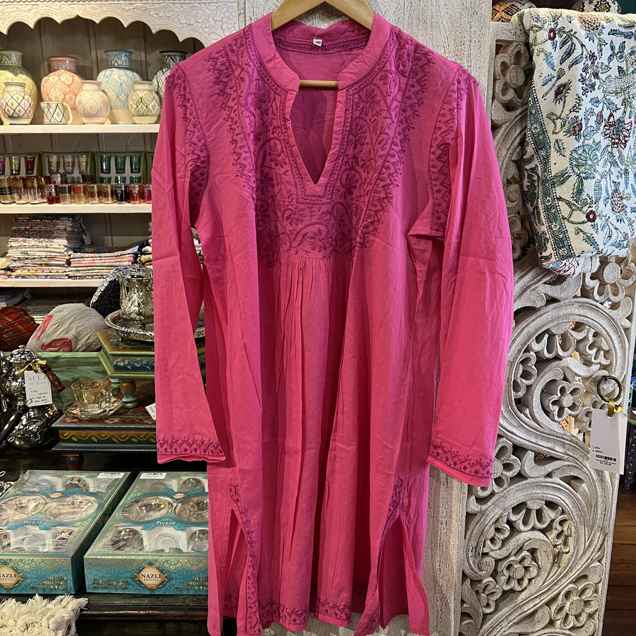 Indian Cotton Kurta - Pink with magenta stitching