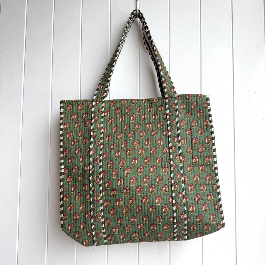Indian Quilted Tote Bag - Green and Orange Leaf