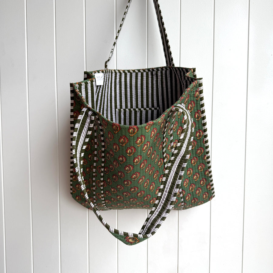 Indian Quilted Tote Bag - Green and Orange Leaf