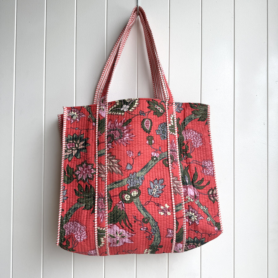 Indian Quilted Tote Bag - Pink & Mauve Flower