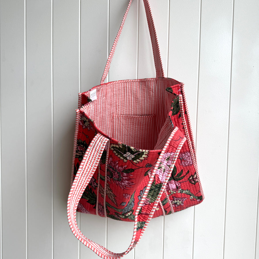 Indian Quilted Tote Bag - Pink & Mauve Flower