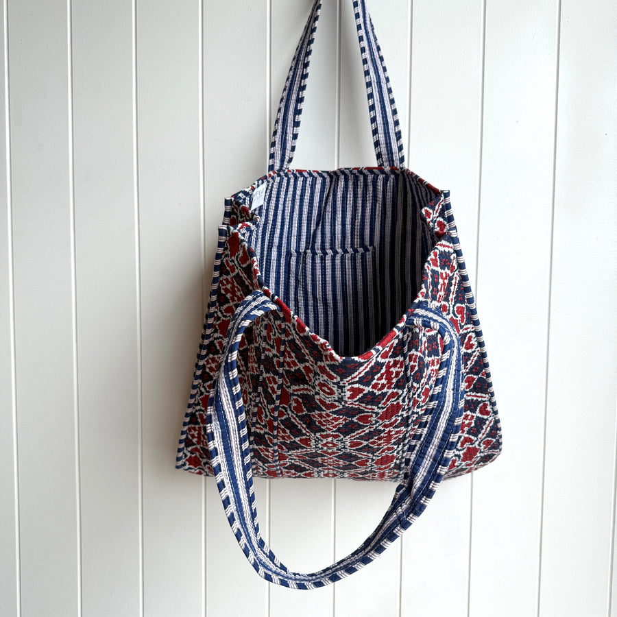 Indian Quilted Tote Bag - Blue & Red