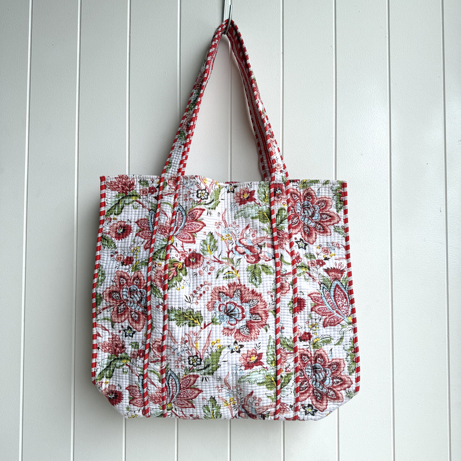 Indian Quilted Tote Bag - Pink & Blue Flower