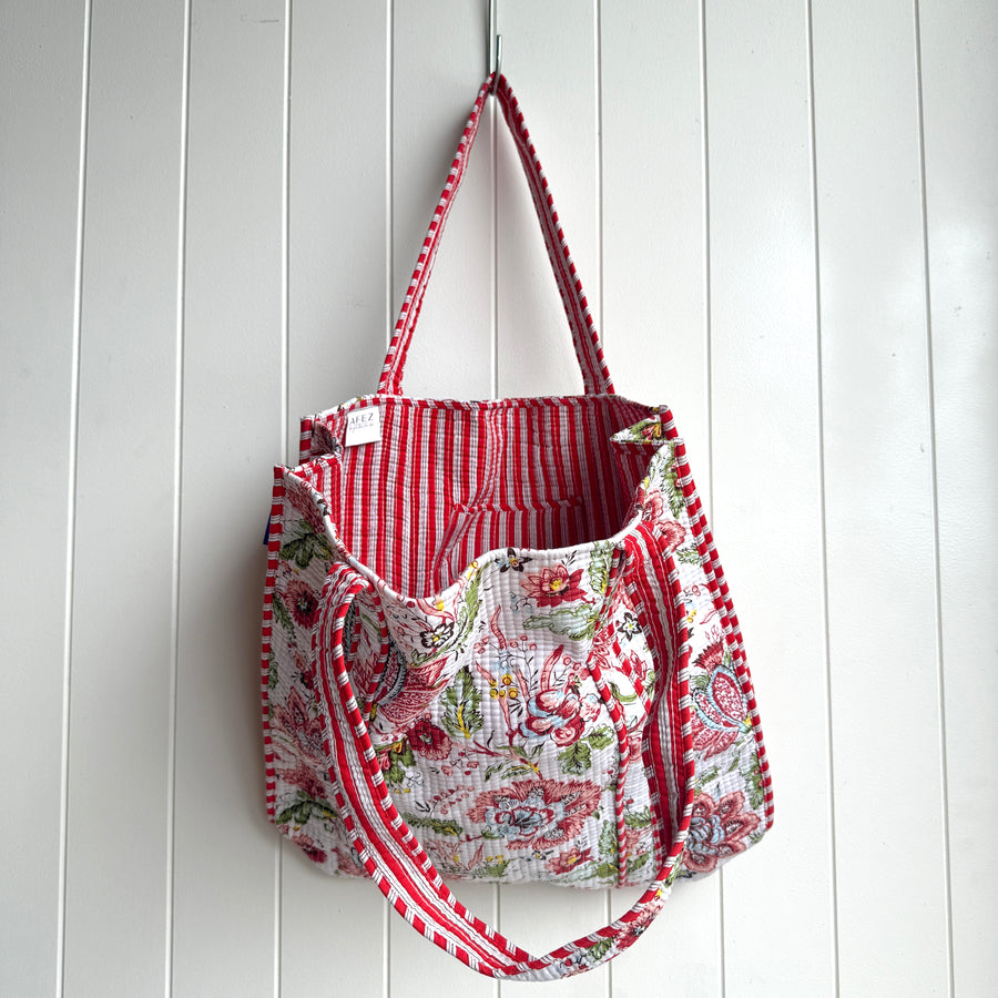 Indian Quilted Tote Bag - Pink & Blue Flower