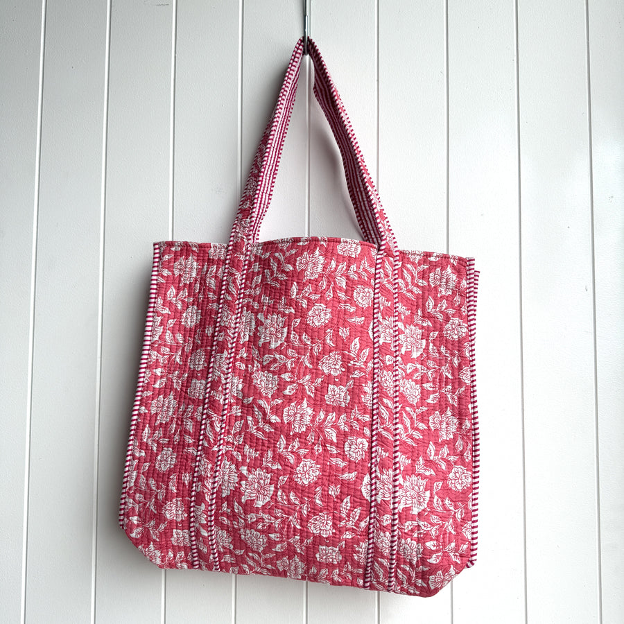 Indian Quilted Tote Bag - Pink & White Flower