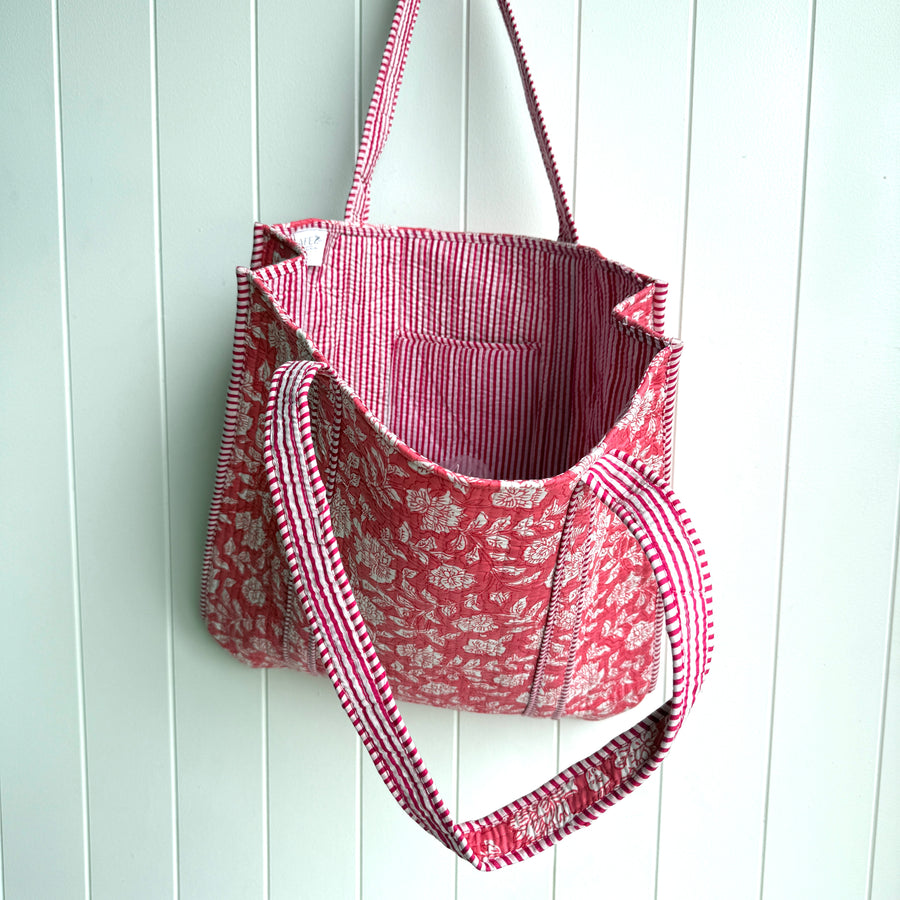 Indian Quilted Tote Bag - Pink & White Flower