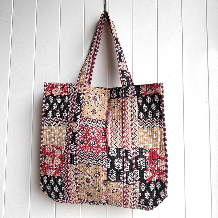 Indian Quilted Tote Bag - Black & Bone Patchwork