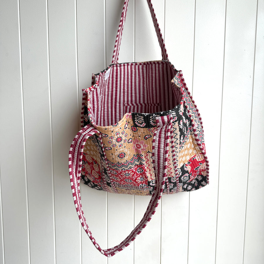 Indian Quilted Tote Bag - Black & Bone Patchwork