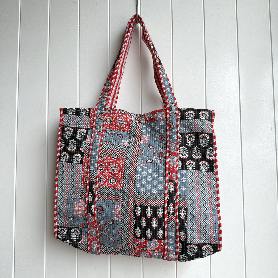 Indian Quilted Tote Bag - Red and Black Patchwork