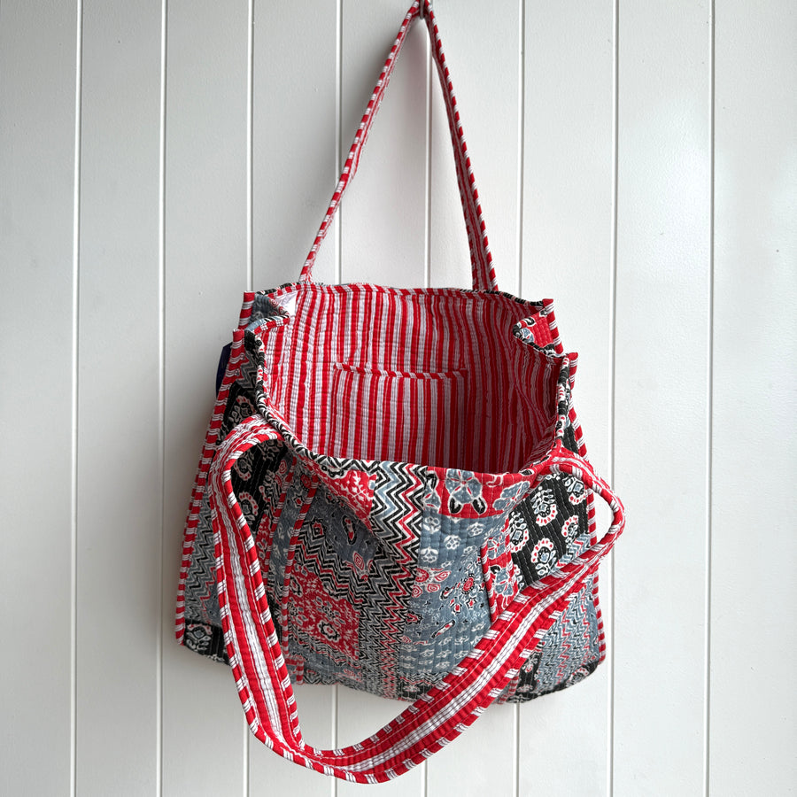 Indian Quilted Tote Bag - Red and Black Patchwork