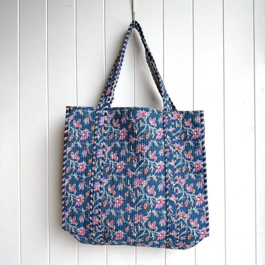 Indian Quilted Tote Bag - Blue and Pink Flower